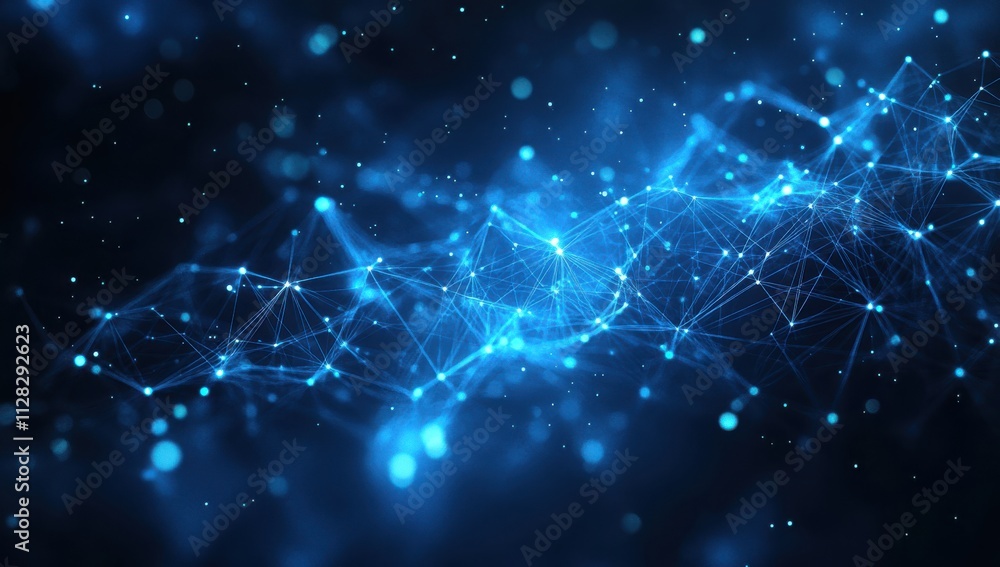 Poster abstract blue digital background featuring glowing nodes and connecting lines, representing data flo