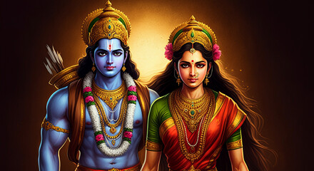 Fototapeta premium Lord Rama, Goddess Sita, and Lakshman standing together, symbolizing unity, devotion, and divine harmony with a radiant golden background