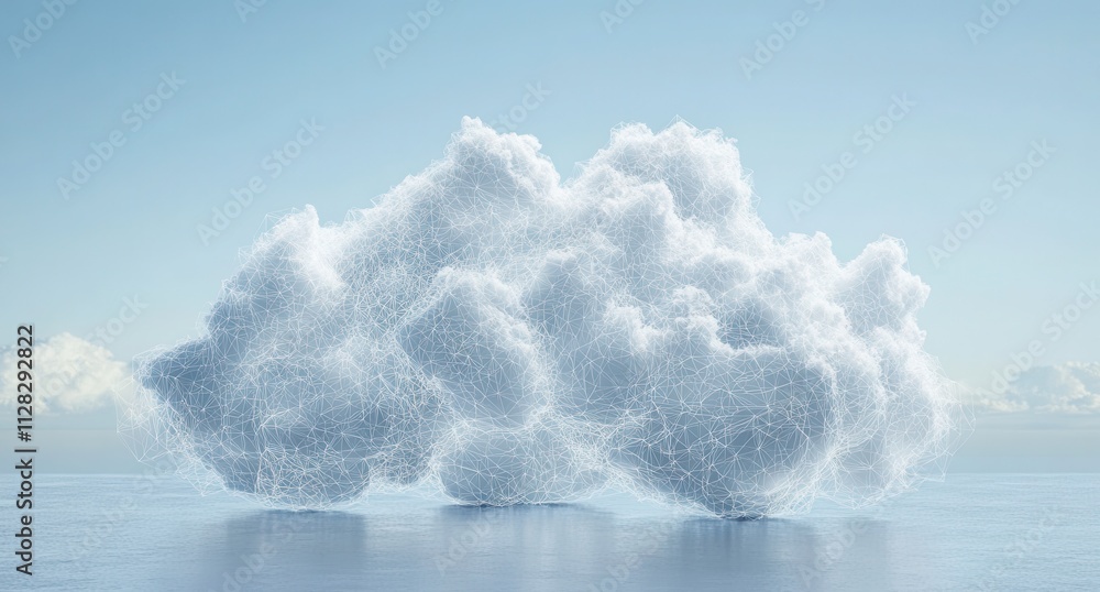 Poster abstract cloud formation with network connections over calm water, representing technology and conne