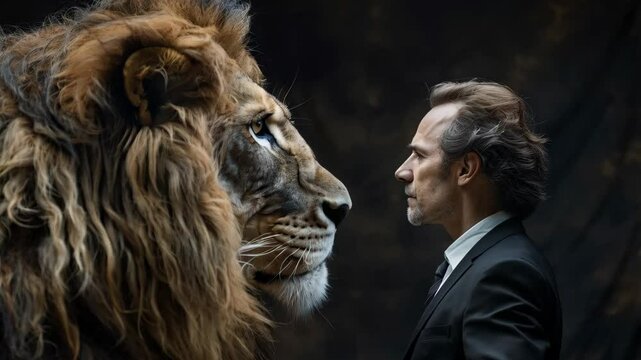 Businessman facing the lion on dark background