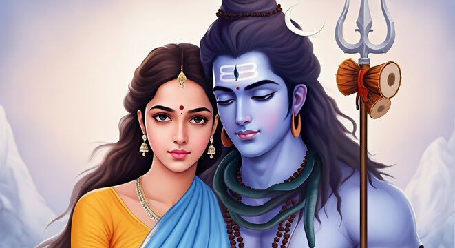 Lord Shiva and Goddess Parvati in a serene and harmonious pose, symbolizing divine love and balance