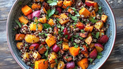 Roasted butternut squash, beets, and quinoa salad. A healthy and delicious autumnal meal, perfect for blogs or recipe sites.