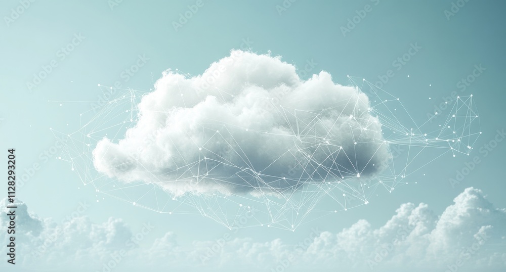 Poster abstract depiction of a cloud with lines and dots representing digital connectivity in a serene blue