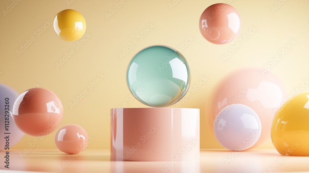 Poster colorful translucent spheres floating around a central orb on a pastel background create a playful a