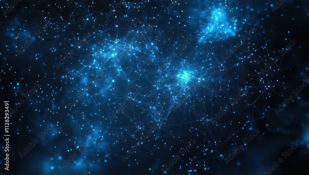 Poster abstract digital representation of a vast cosmic network with glowing blue dots and lines, illustrat