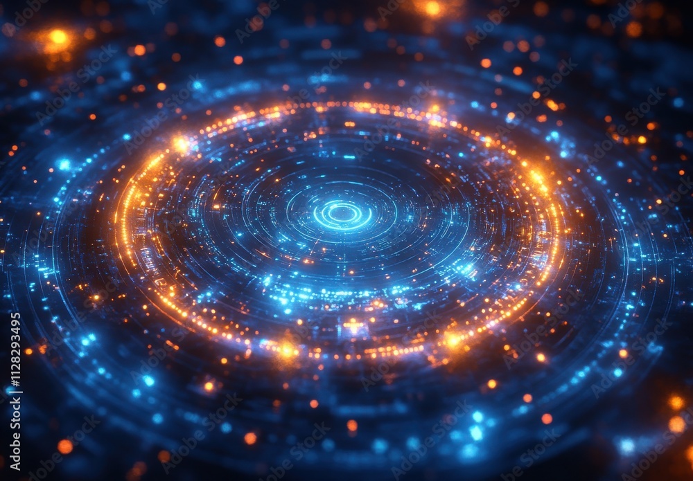 Poster Abstract futuristic background featuring glowing blue and orange circular patterns with bright particles, representing technology, data visualization, and digital innovation.