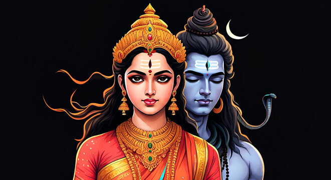 Goddess Parvati and Lord Shiva depicted as divine consorts, symbolizing the union of power and compassion