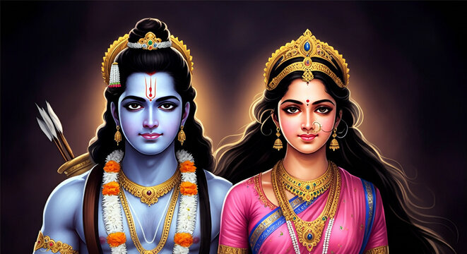 A radiant portrayal of Lord Rama, Sita, and Lakshmana, embodying unity, devotion, and the journey of righteousness