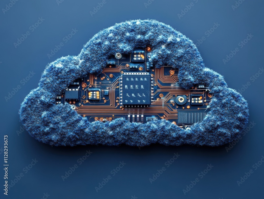 Poster abstract representation of a cloud computing concept featuring a circuit board embedded within a flu