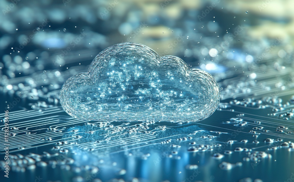 Poster abstract representation of a cloud computing concept with digital circuits, showcasing data flow and