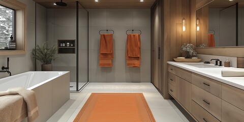 Modern bathroom with orange accents and wooden decor elements