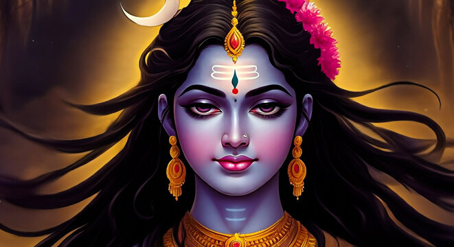 Radiant depiction of Goddess Parvati with vibrant adornments, symbolizing grace and spiritual strength