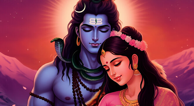 Lord Shiva and Parvati sharing a peaceful moment, symbolizing divine unity and spiritual devotion