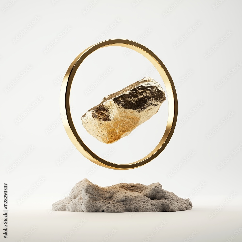 Poster unique gold and stone display featuring a levitating rock within a circular frame on a textured base
