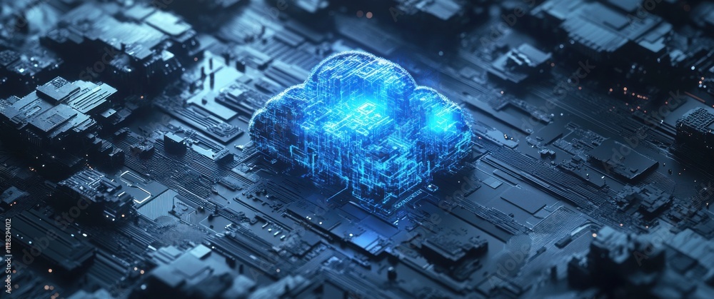 Poster abstract representation of a futuristic cloud network on a high-tech circuit board showcasing digita