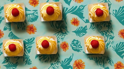 strawberry cupcake view from up and with seamless patter background of green abstract leaf