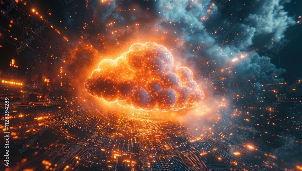 Poster Abstract representation of a glowing cloud amidst vibrant digital landscape, symbolizing data processing, cloud computing, and futuristic technology concepts