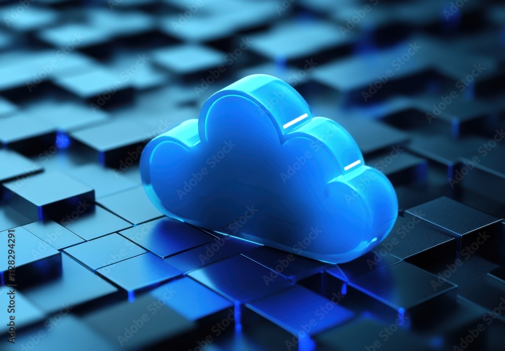 Poster abstract representation of a glowing blue cloud symbol on a modern pixelated background, illustratin