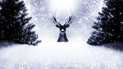 Christmas banner with magical scene of a reindeer in center in snowy forest with Christmas trees with lights and stars with copy space