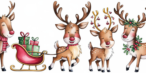 Fototapeta premium Cute Christmas Reindeer with Gifts Sleigh Holiday Illustration
