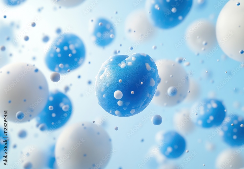 Poster abstract representation of blue and white particles floating in a softly blurred background, illustr