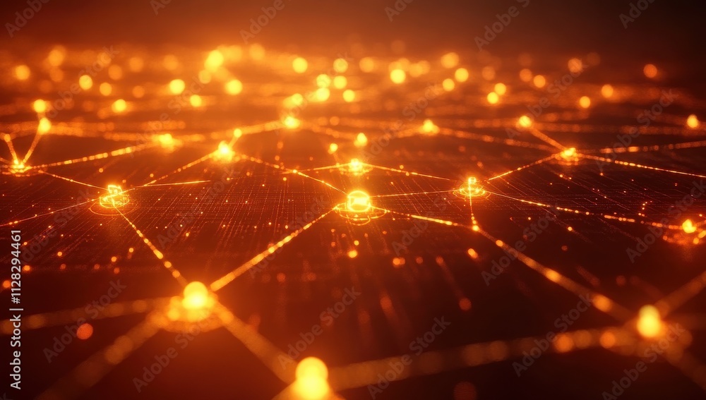 Poster abstract representation of a glowing network illustrating connectivity and data flow in a digital en
