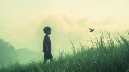 A child stands on a grassy hill, watching a bird fly in a misty landscape, evoking peace and wonder.