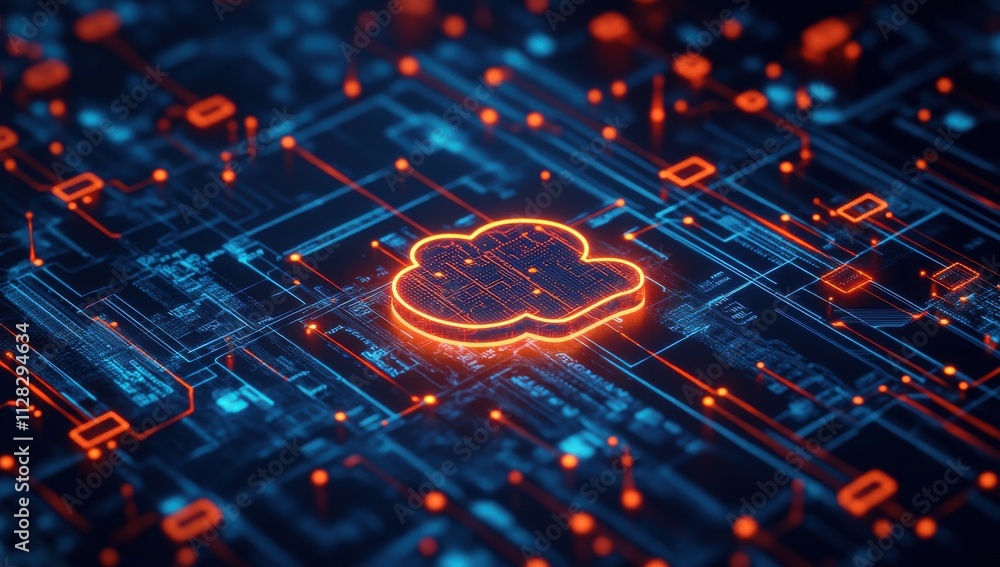 Poster abstract representation of cloud computing technology with glowing circuit patterns, symbolizing dig