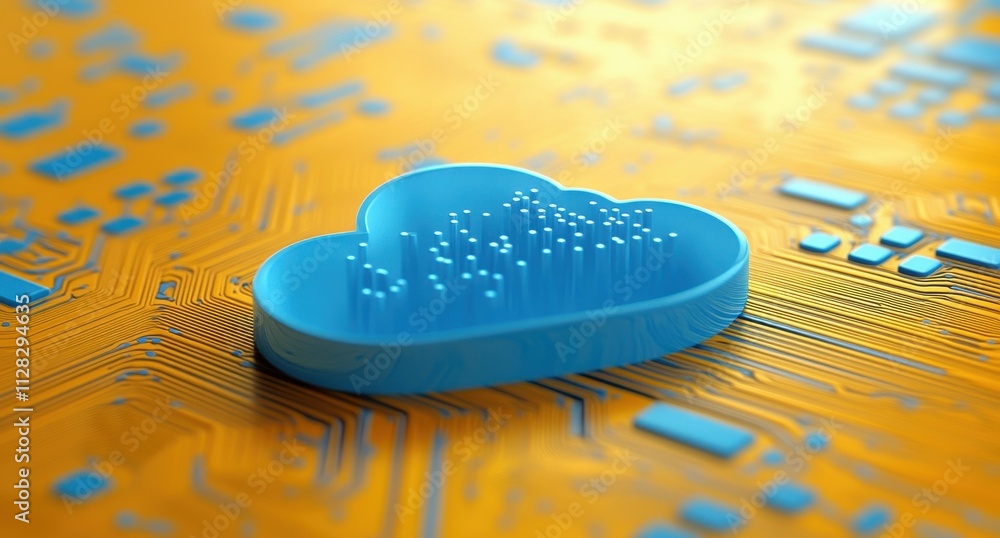 Poster abstract representation of cloud computing innovation with a blue cloud shape on a circuit board bac