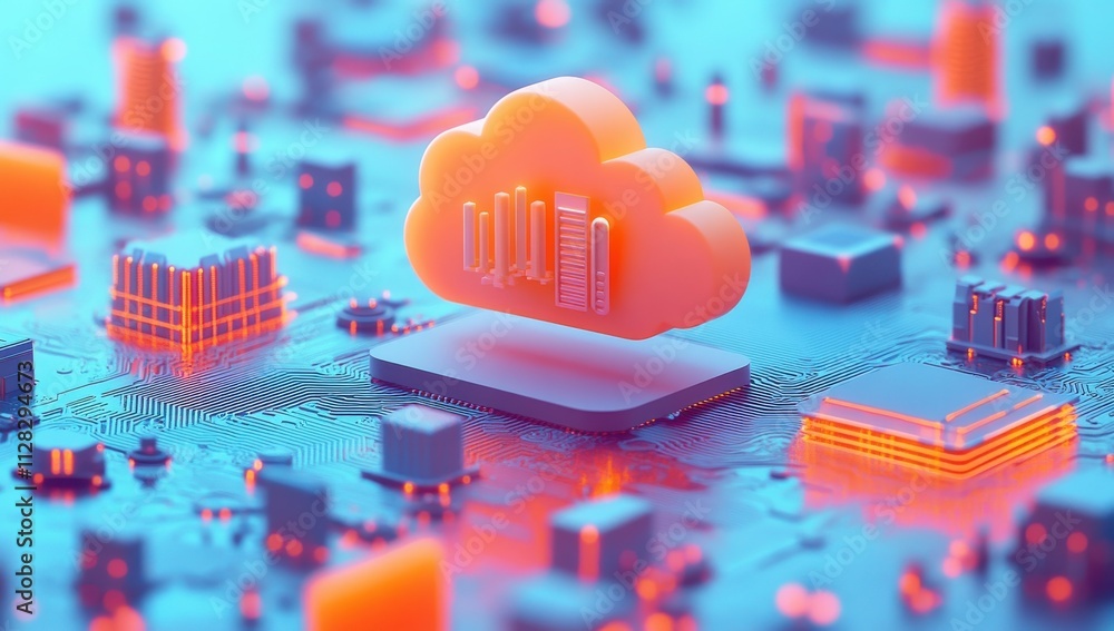 Poster abstract representation of cloud computing technology with vibrant colors showcasing digital data ma