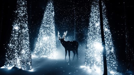 Christmas banner with magical scene of a reindeer in center in snowy forest with Christmas trees with lights and stars with copy space