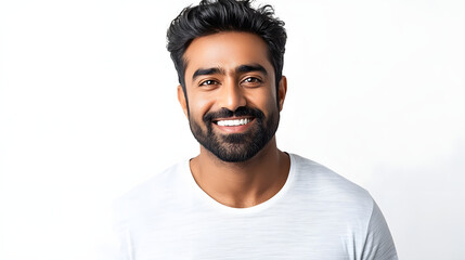 portrait of an attractive indian male in his 30s with a beard smile and looking into the camera isolated against a white background