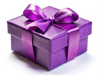 Obraz premium Shiny ribbon adorns a luxurious purple gift box, ideal flat lay background.