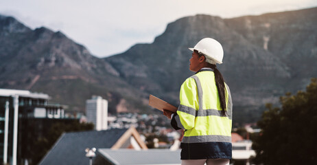 Engineer, woman and clipboard with building inspection for location surveying, safety compliance or...