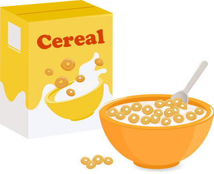 Box of cereal packaging and bowl of breakfast cereal and milk spilling on the table. Cereal ring cornflakes product and milk splashes. Vector illustration