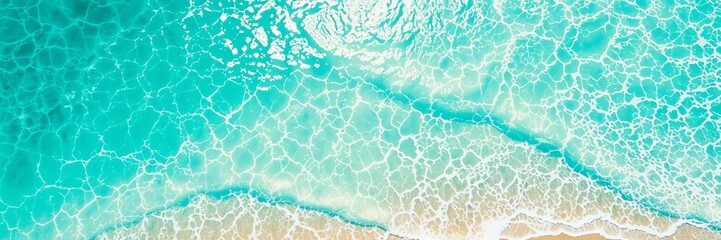 Obraz premium Golden sandy beach with emerald green sea water, gentle ripples of water on the shore, tropical paradise vacation vibes, paradise, summer