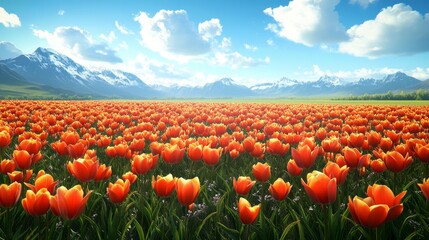 Vibrant tulip field under a clear blue sky