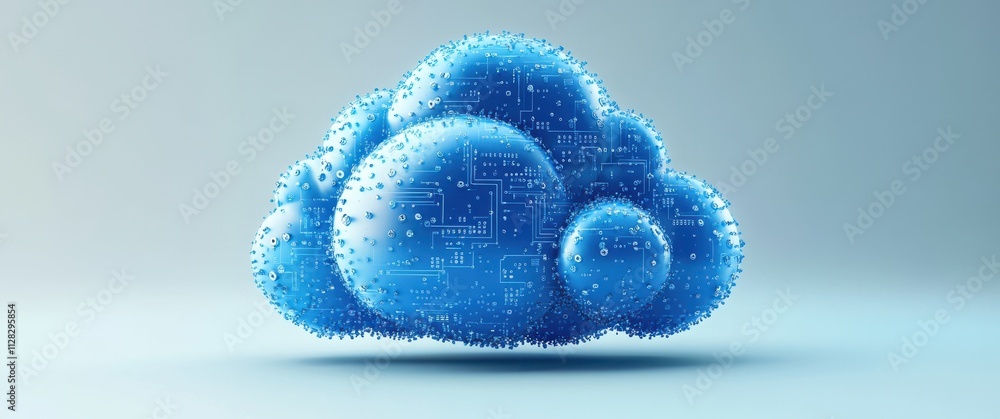 Poster blue digital cloud with circuit patterns and droplets representing technology, data storage, and mod