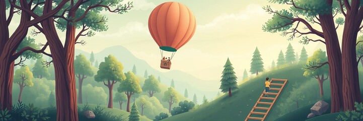 Obraz premium Graphic illustration of stairs in a whimsical forest setting with air balloons, perfect for kids room wallpaper, pillows, baby wear, and greeting cards, stairs, wallpaper