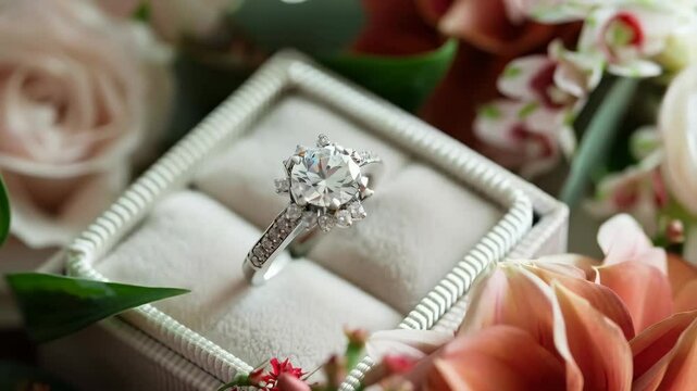 Close up of big golden modern engagement ring in box with flowers