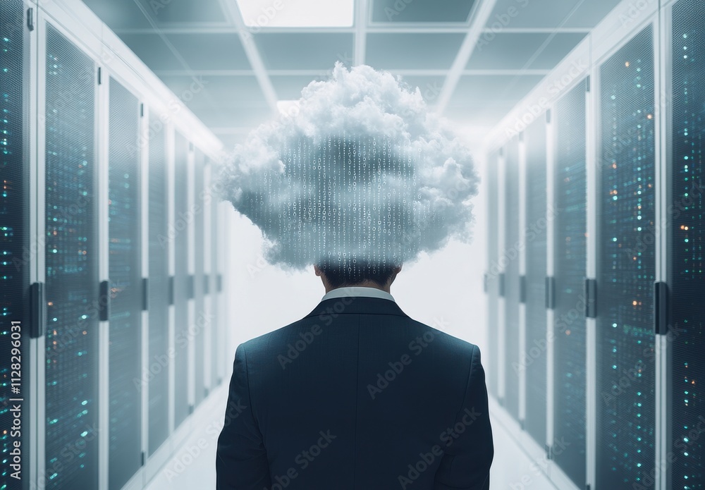 Poster businessman with cloud data visualization overhead in modern server room, representing technology, n