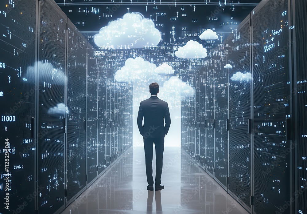 Poster businessman standing in a data center surrounded by cloud symbols and digital codes, representing da