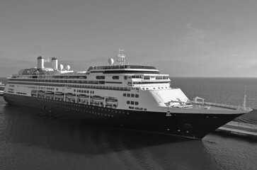 Classic luxury cruiseship cruise ship liner Amsterdam in port of Civitavecchia on sunny day during...