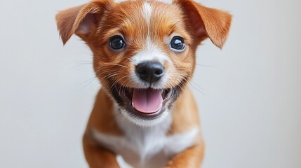 Baby puppy floppy ears and an excited expression wagging its tail isolated on white background