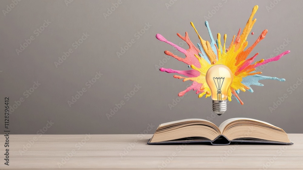 Poster an open book with a glowing light bulb surrounded by colorful splashes symbolizes creativity, knowle