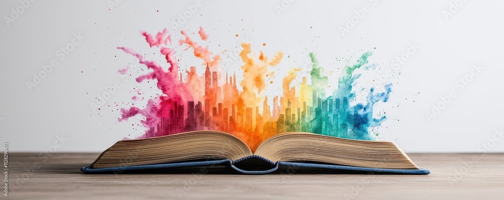 Poster an open book with vibrant colors exploding from its pages, symbolizing creativity, imagination, and 