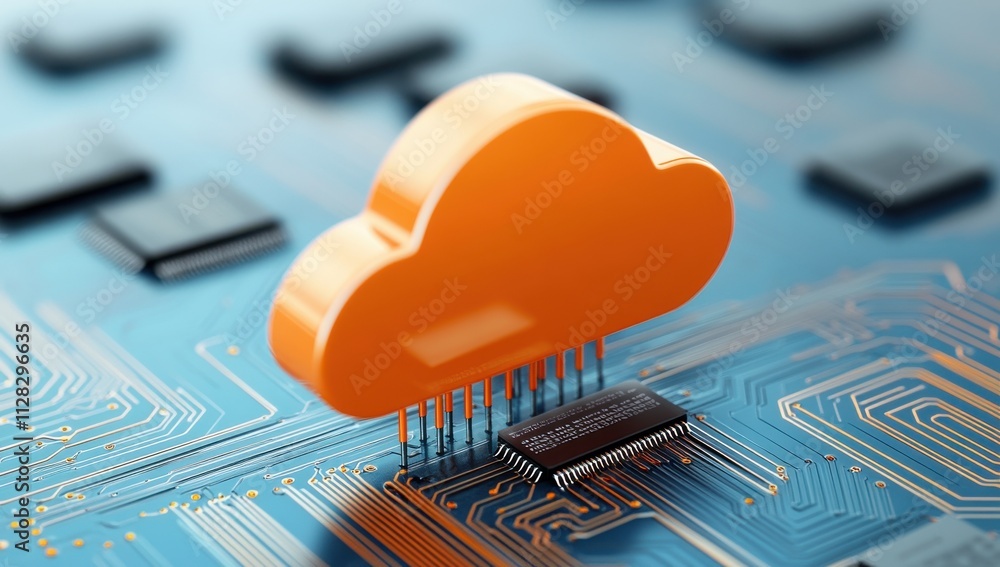 Poster cloud computing concept with orange cloud icon and microchip on circuit board showing modern technol