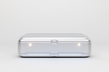 digital energy storage unit with glowing indicators and sleek metallic finish placed on seamless white background
