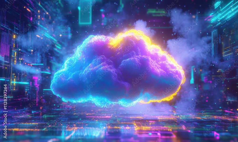 Poster colorful digital cloud illustration surrounded by surreal tech elements and vibrant light effects de