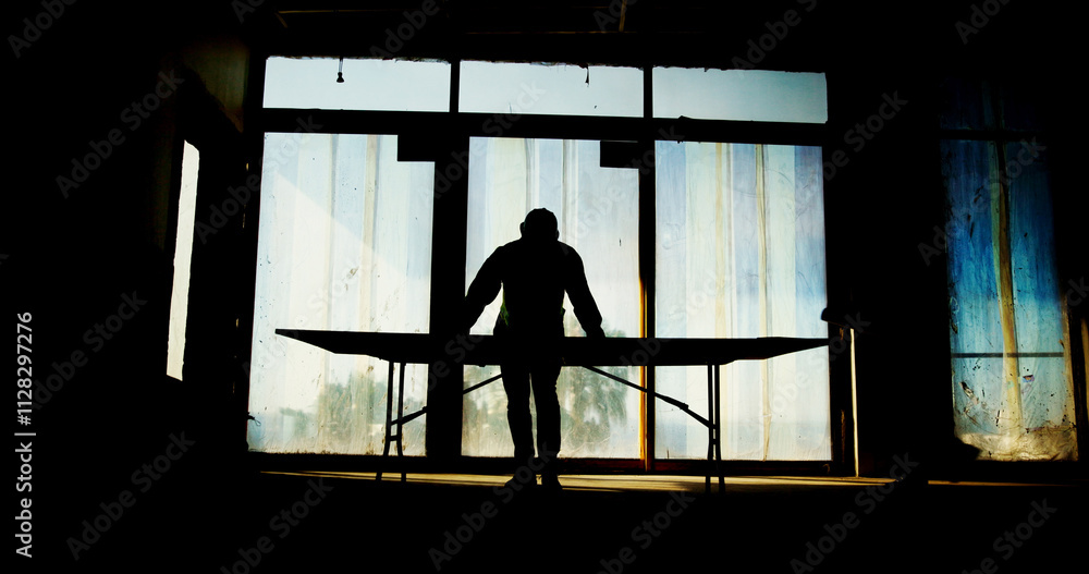 Aufkleber silhouette, architect and planning with blueprint on site for building design, property development 